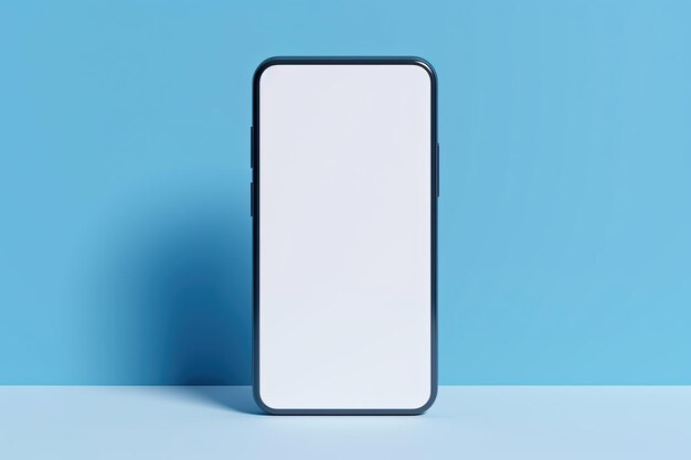 Un teléfono con una pantalla en blanco se asienta sobre una superficie azul.