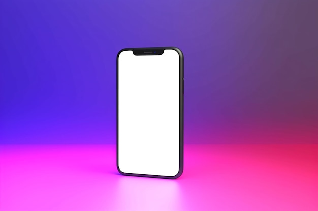 Un teléfono con una pantalla en blanco está sobre un fondo morado y rosa.