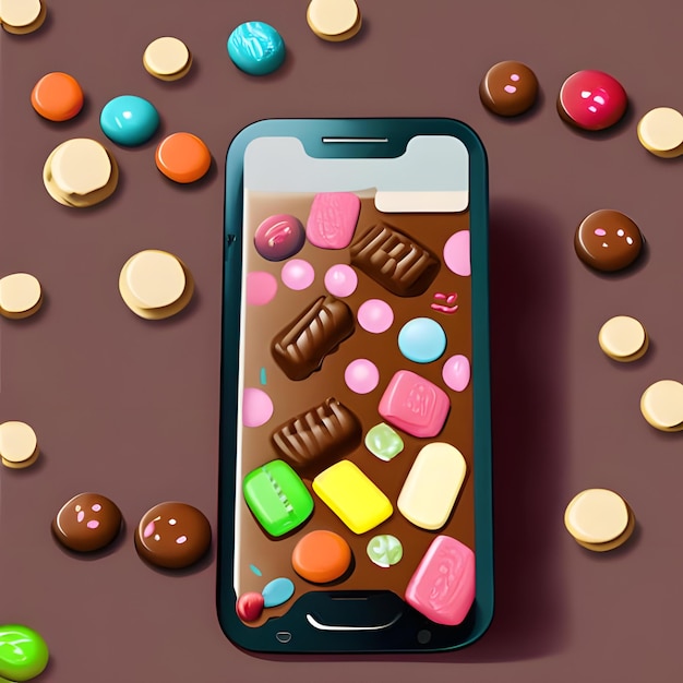 Un teléfono con una pantalla de chocolate y botones de