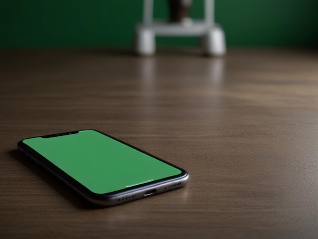 un teléfono de pantalla verde está en una mesa de madera