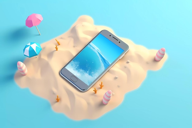 Foto un teléfono en una playa con una escena de playa y objetos de playa y playa.