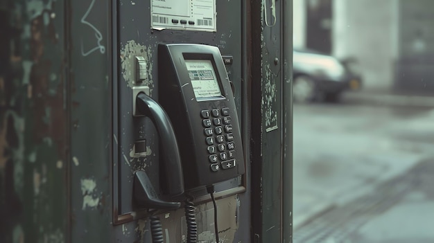 Un teléfono público retro se encuentra en una calle de la ciudad El teléfono es negro y montado en una pared verde El teclado está hecho de metal y tiene los números 09 con y