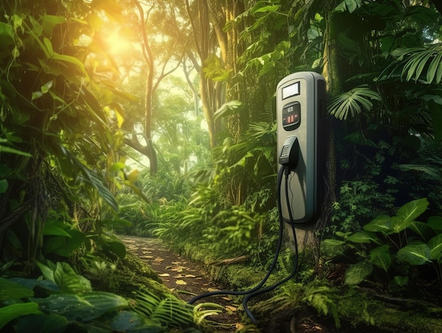 Un teléfono que está enchufado a un árbol en una jungla