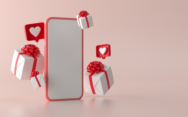 Teléfono de redes sociales con ilustración de regalo de Navidad para banner. Ilustración 3d