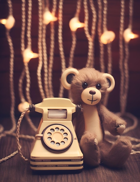 Foto teléfono retro y oso de peluche en fondo de madera estilo vintage