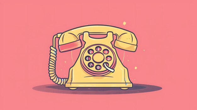 Un teléfono rotativo amarillo vintage de la década de 1960 El teléfono está en un fondo rosa con algunas estrellas en el fondo