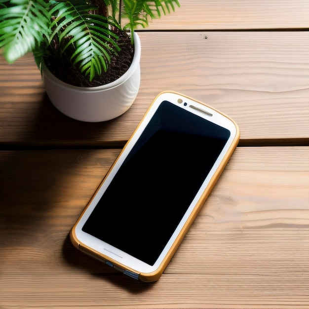 Un teléfono se sienta en una mesa de madera al lado de una planta.