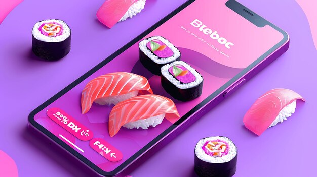 Foto un teléfono con sushi en él y un teléfono celular en la mesa