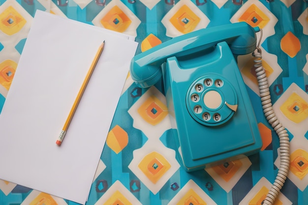 Teléfono vintage de color turquesa en fondo geométrico con papel en blanco