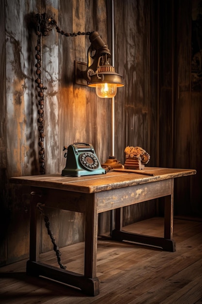 Teléfono vintage en mesa de madera rústica creado con ai generativo