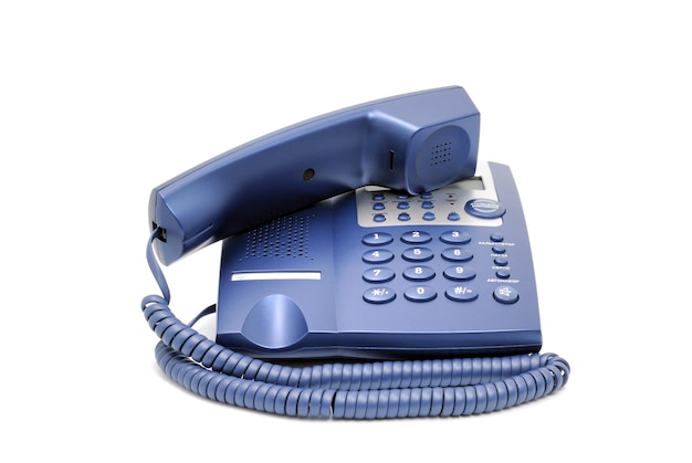 Telefonsammlung - modernes blaues Geschäftsbürotelefon lokalisiert auf weißem Hintergrund.