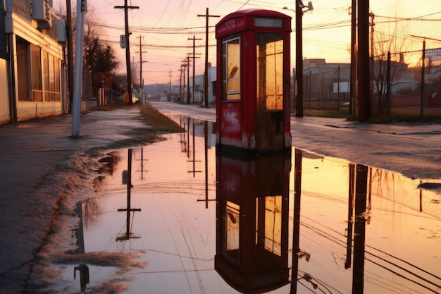 Telefonzelle reflektiert auf einer Pfütze nach einem Ra, das mit generativer AI erstellt wurde