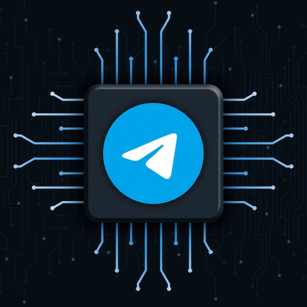 Telegramm-Logo auf realistischem CPU-Technologiehintergrund 3d