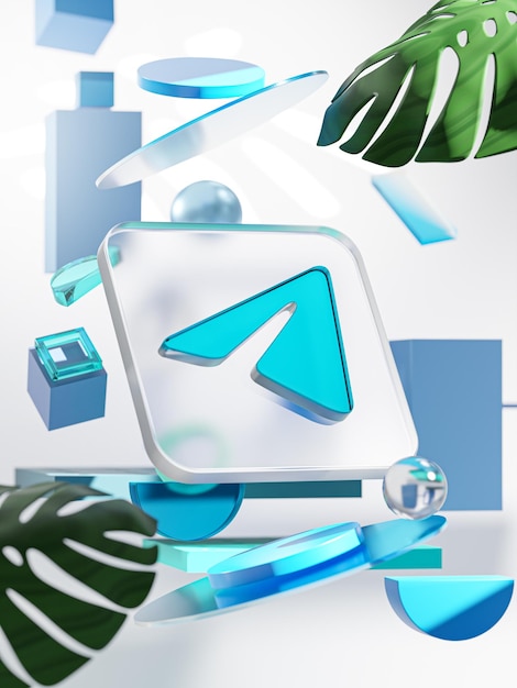 Foto telegrammsymbol geometrische formen mit glassmorphism square glass und monstera leaf 3d render