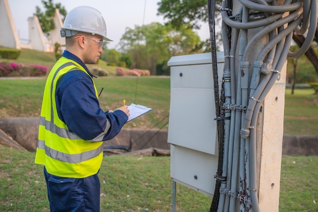 Telekommunikationsingenieure arbeiten an Mobilfunkmasten für 5G-Mobiltelefonsignale. Wartungstechniker für Netzwerkmasten