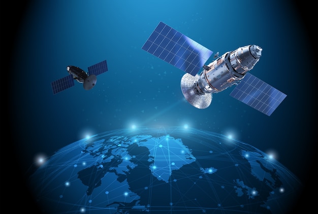 Telekommunikationstechnik mit Satellitenschüssel Verbindung mit Welt