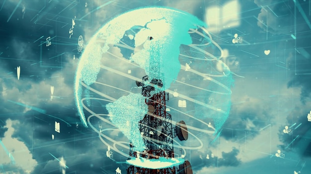 Telekommunikationsturm mit 3D-Grafik der globalen Geschäftsveränderung