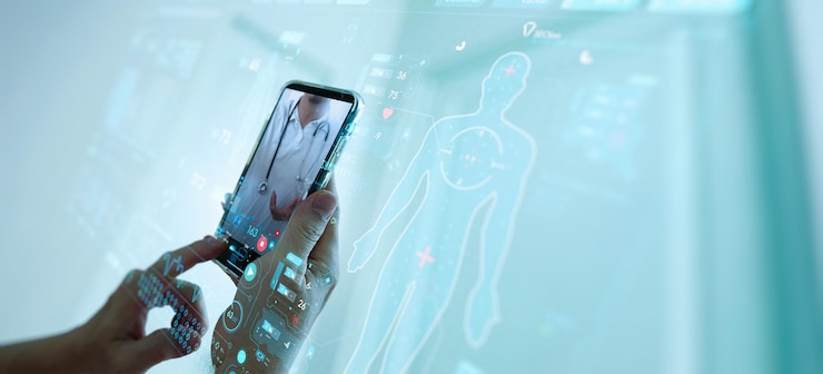 Telemedicina Mano que sostiene el teléfono inteligente Médico Médico en línea comunicando al paciente en VR médico