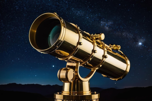 Telescopio de bronce antiguo contra un cielo estrellado