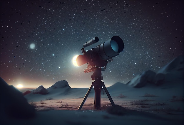 Foto telescopio colocado en un sitio montañoso que apunta a la vía láctea concepto de observación astronómica afición y ciencia espacial