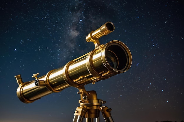Telescópio de latão vintage contra um céu estrelado