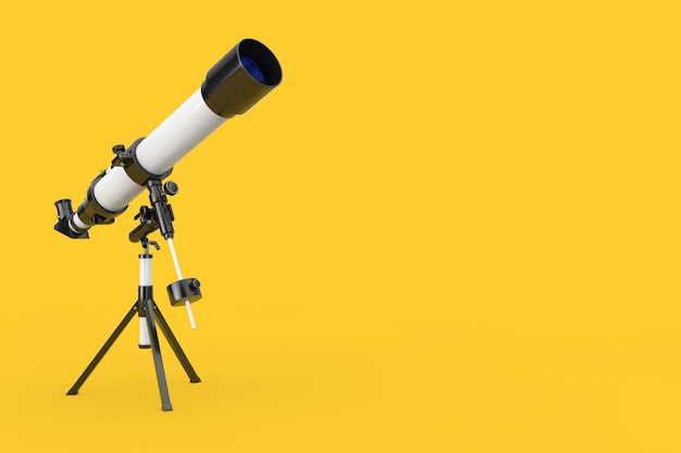 Telescopio móvil moderno blanco sobre trípode sobre un fondo amarillo. Representación 3D