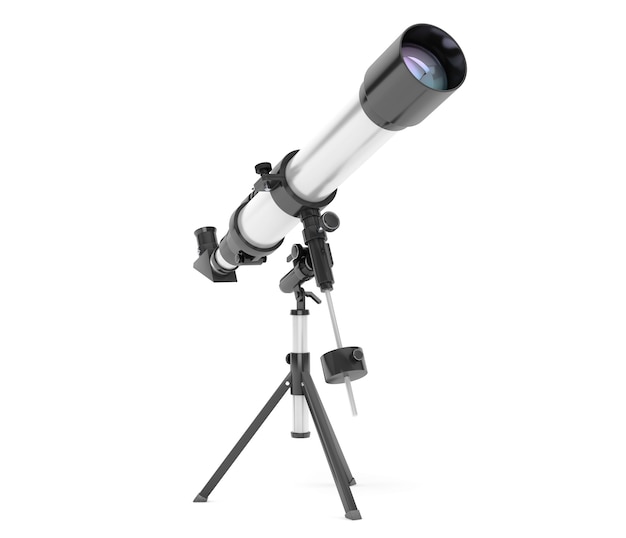 Telescópio prateado em tripé sobre fundo branco