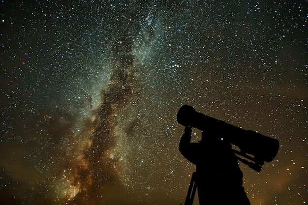 un telescopio tiene una silueta contra un cielo nocturno con estrellas y galaxias en el fondo