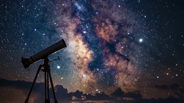 Telescopio en trípode bajo el cielo estrellado de la noche