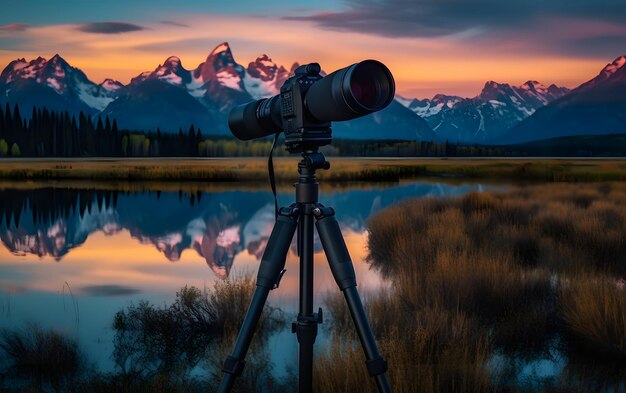 Un telescopio en un trípode con montañas al fondo