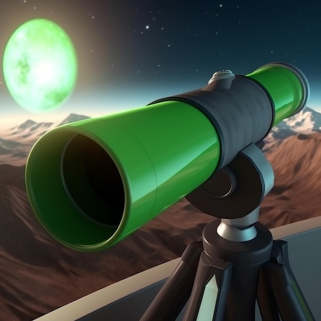 Un telescopio verde con un objeto verde al fondo y la luna al fondo.