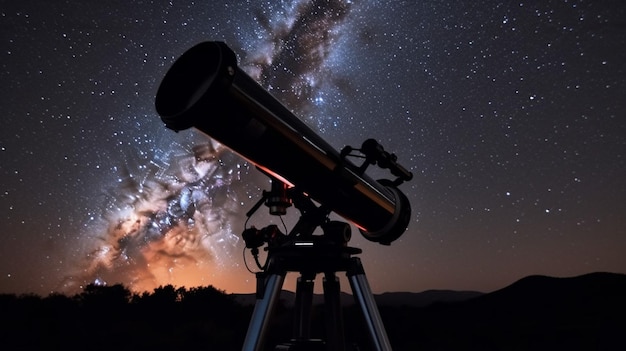 Foto un telescopio con la vía láctea de fondo