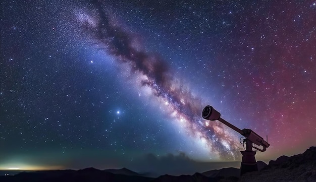 Foto un telescopio con la vía láctea de fondo