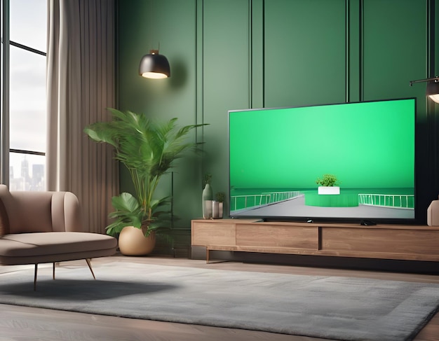 Televisão aconchegante de sala de estar de férias com tela verde em branco 3D Render