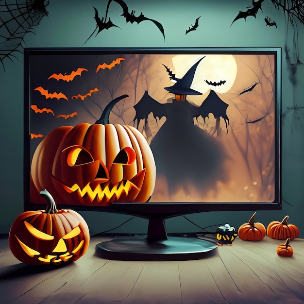 Televisão com tema de Halloween em fundo de atmosfera escura com exibição vazia cercada por abóboras