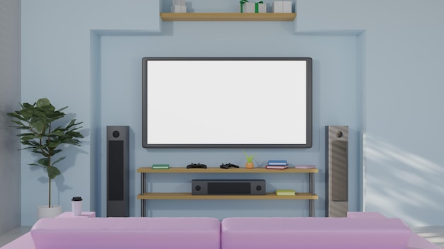 Televisão de tela em branco na ilustração de renderização 3D da sala de estar