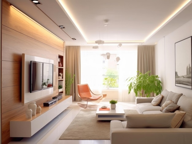 Televisão na parede no centro de uma sala de estar moderna no estilo de tapete branco e castanho claro em um chão de mármore e uma grande janela AI generativa