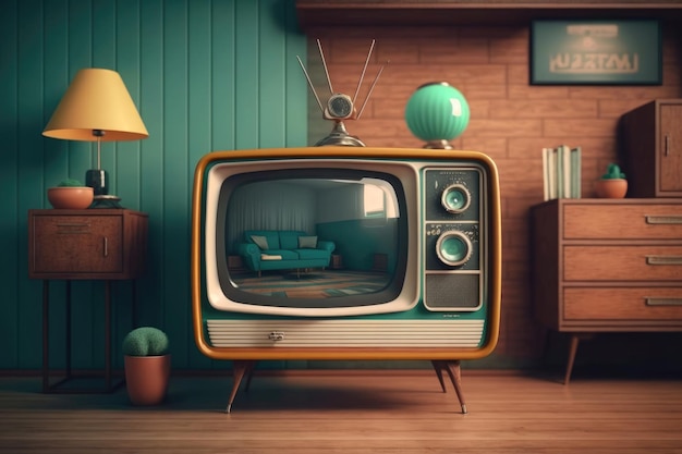 Televisão retrô dos anos 50 em uma antiga sala de estar Generative AI