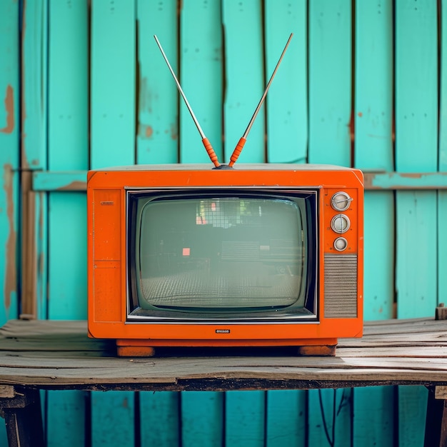 Televisão retrô em uma mesa de madeira com uma parede de fundo azul
