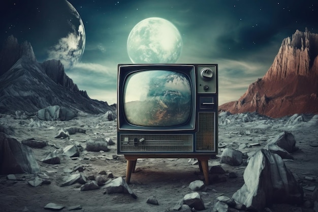Televisão retrô na superfície da lua Transmissão de televisão no espaço