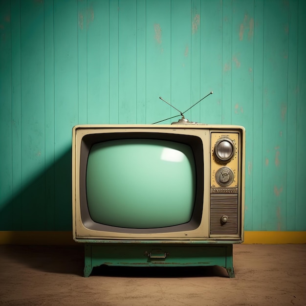 Televisão vintage em um fundo de parede pintada