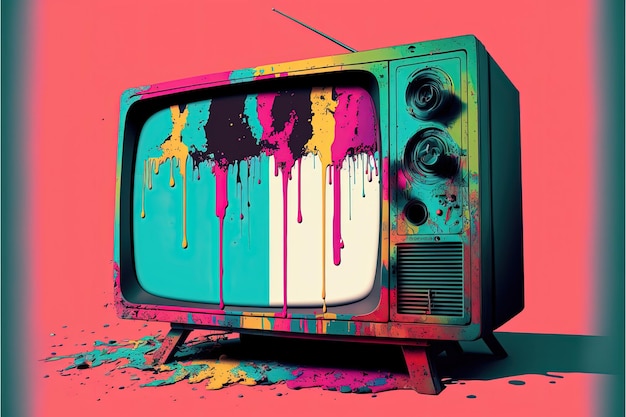 Televisión antigua, televisión retro estilo años 80 y 90, fondo colorido. IA generativa