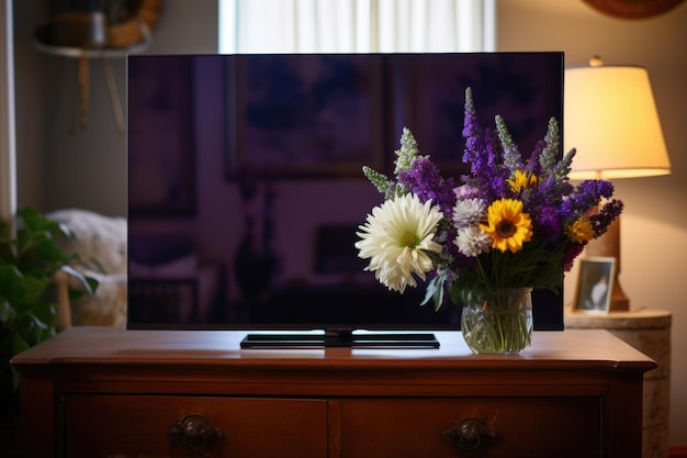 Televisión desconectada con un jarrón de flores en la parte superior