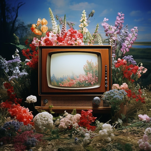 Foto televisión con flores