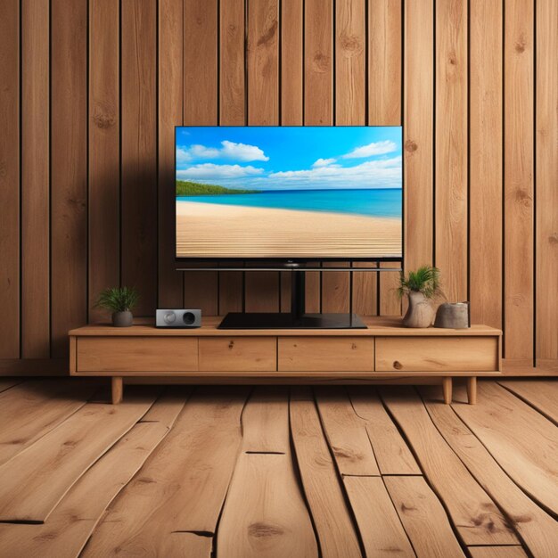 Televisión con fondo de madera