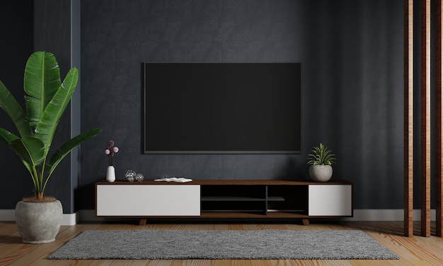 Televisión de maqueta moderna colgada en el fondo de la pared azul oscuro con gabinete de madera en la sala de estar Arquitectura interior y concepto de entretenimiento Representación de ilustración 3D