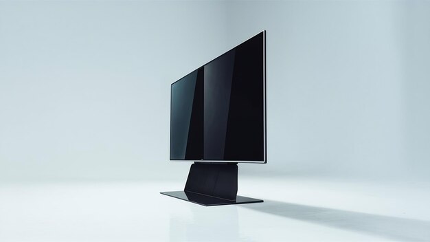 Televisión moderna de plasma delgada en un soporte negro aislado en blanco