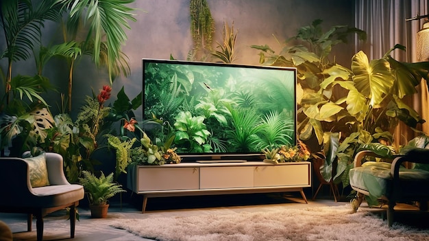 Televisión y plantas de interior en el fondo de la escena de la habitación