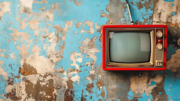 Televisión roja de época en pared de textura azul grungy con pintura descascarada