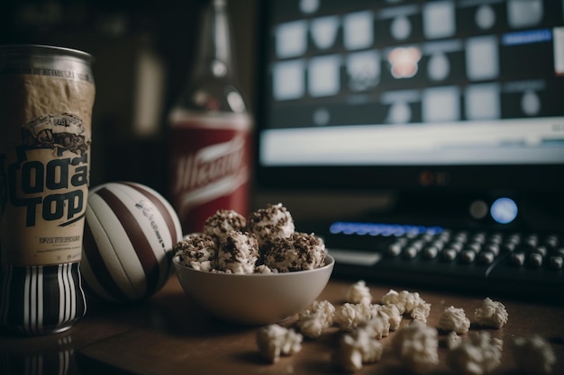 Televisión televisión viendo un partido de fútbol con bocadillos y alcohol relajarse frente a la televisión Un partido de fanáticos jugar con un plato de papas fritas Jarra de cerveza en la mesa Bebidas de palomitas de maíz